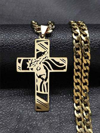 Hip Hop Punk Crown Of Thorns Jesus Cross Necklace For Men Stainless Steel Gold Plated  Pendant Necklace