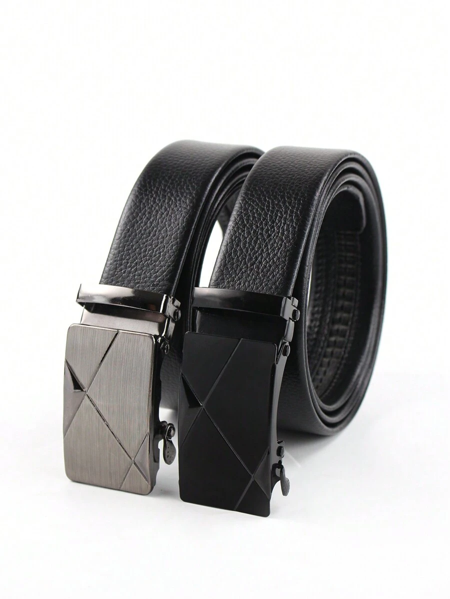 2 piezas Cinturón clásico de negocios de hombre con hebilla automática de PU, de color negro y dorado, versátil para uso formal e informal, sin necesidad de perforaciones, recomendado para hombres, adecuado para adolescentes, jóvenes, uso casual, al aire libre, deportivo, vacaciones, regalos de graduación, cumpleaños, uso diario