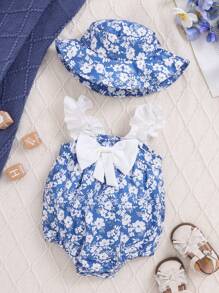 2pcs/Set Baby Girl Blue Floral Allover Print White Lace Sling Romper & Hat Set, Spring/Summer