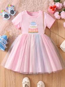 Vestido de manga corta con cuello redondo, estampado de pastel y parches de malla para niña joven - Rosa - Ver 2