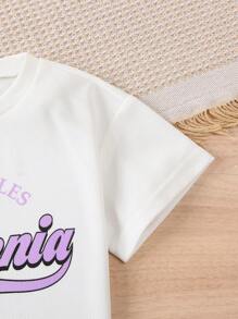 2pcs/Set Young Girl Outdoor Casual Everyday Comfortable Short Sleeve T-Shirt + Skirt Set, Spring/Summer English Letter Tee + Purple Plaid Skirt