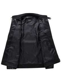 Motorcycle Style Men's Stand Collar Zipper Jacket, High-Quality PU Leather Material, Versatile Fashion Jacket For Spring And Autumn,Fleece,Winter - Black - View 5