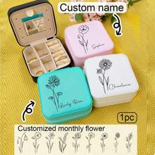 1个12个月线条艺术花卉个性化首饰盒，带镜子，可定制姓名首字母，PU方形首饰盒礼品，旅行皮革戒指盒，定制首饰收纳盒，女士母亲节礼物，送给闺蜜、母亲、祖母、女友的礼物，12个月线条艺术花卉，节省空间，多功能精致，时尚，整洁，现代独特，首饰收纳盒 - 白色 - 查看 9