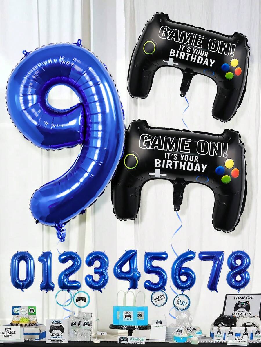 3 件套游戏控制器铝箔气球套装，包括 40 英寸蓝色数字、游戏控制器，适用于游戏玩家派对、游戏主题生日派对装饰、室内/室外场景装饰 - 彩色 - 查看 1