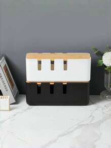 1pc Large Cable Management Box With Wooden Cable Cover, Includes 10pcs Ties And 2pcs Winders, Plastic 7-Hole And 4-Hole Adapter Plug Cable Concealer Box, Spacious Wire Organizer, Socket Protector Hidden Safely Under Desk Or Floor - Great For Home And Office, Gift For Friends, Boyfriend/Girlfriend, Mother's Day, Wedding