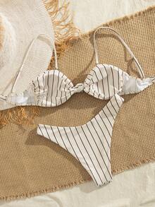 PEPPERMOLLY New Adjustable Strap Ruched Striped Print Bikini Set, Elegant Party & Beach Swimwear For Summer - White - View 3