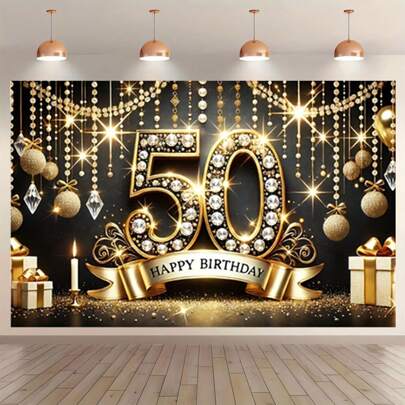 1 PC Elegant 50th Birthday Party Backdrop, Polyester Gold And Diamond Numbers Design With Candles And Gift Elements, Wall Hanging Sign Party, Photo Shoot, Backdrop Curtain, Photo Studio, Photography Props And Indoor And Outdoor Decoration Backdrop For Home, Garden, Anniversary And Photo Booth Props. Versatile, Multi-Size.