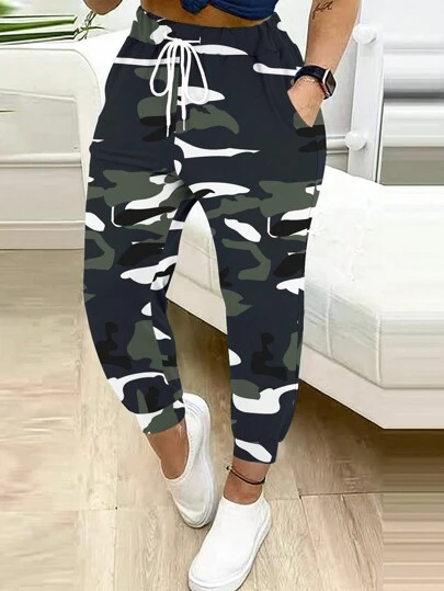 Women's Fashion Camouflage Print Drawstring Waist Casual Long Pants Spring