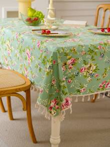 1 件美式乡村风格绿玫瑰流苏桌布，春夏家居餐桌装饰，可水洗长方形餐桌、茶几、床头柜防尘罩，适用于农舍、厨房、餐厅、晚宴、野餐、约会、情人节、户外 - 彩色 - 查看 1