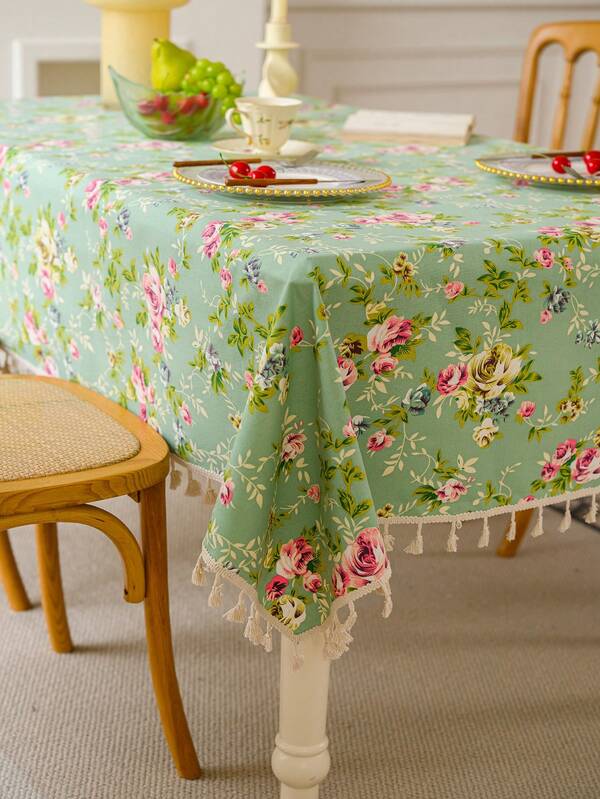 1pc American Country Style Green Rose Tassel Tablecloth, Spring/Summer Home Table Decor, Washable Rectangular Dining Table, Coffee Table, Bedside Cabinet Dust Cover, Suitable For Farmhouse, Kitchen, Dining Room, Dinner Party, Picnic, Date, Valentine's Day, Outdoor