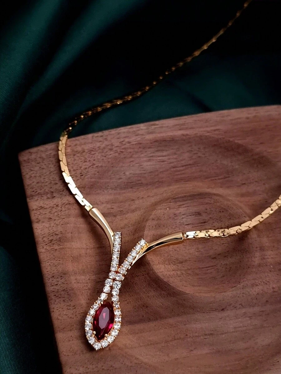 1pc S925 Sterling Silver Luxury Red Stone Snake Necklace, Suitable For Elegant Ladies Wearing To Banquet And Party, Quality Jewelry - Yellow Gold - View 1