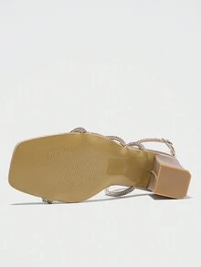 粗高跟水钻系带女式凉鞋，罗马风格性感派对扣带方头露趾透气杏色鞋，适合夏季