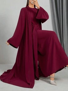 Women Loose Wrap Abaya Kaftan With Tie Waist, Solid Color, Modest Robe Spring Elegant - Burgundy - View 3