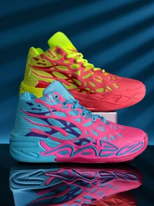 1 Pair Men's Basketball Shoes, Color Block Non-Slip Shock Absorbing Sports Shoes, Breathable Street Style Mid-Top Casual Ankle Boots, Suitable For Sports Training And Running - Yellow - View 1