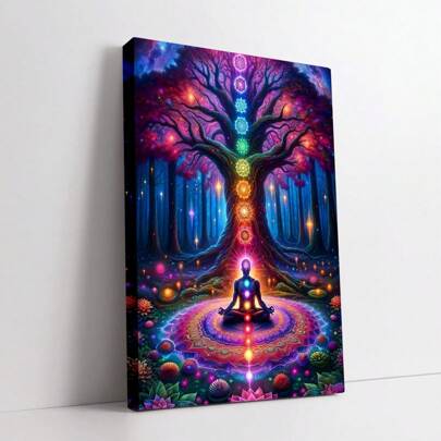 1 pieza Cuadro de arte de pared de lienzo del Árbol de la Vida con chakras sanadores, enmarcado cuadrado de 1,5 pulgadas de grosor, decoración espiritual para sala, acento para meditación en el dormitorio, regalo de obra de arte única, arte de pared con marco