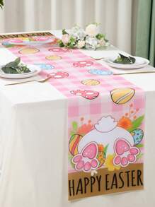 1pc Easter Polyester Table Runner, Happy Easter Table Runner, Cute Pink Checked Rabbit Bunny Easter Egg Pattern Table Cover, Easter Atmospheric Table Runner, Holiday Desktop Decoration, Spring Table Decoration, Easter Decor, Birthday Party Supplies