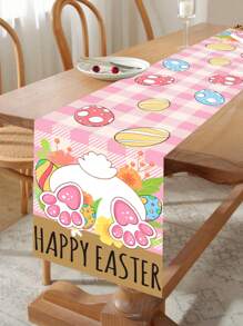 1pc Easter Polyester Table Runner, Happy Easter Table Runner, Cute Pink Checked Rabbit Bunny Easter Egg Pattern Table Cover, Easter Atmospheric Table Runner, Holiday Desktop Decoration, Spring Table Decoration, Easter Decor, Birthday Party Supplies