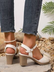 New Plus Size Women High Heel Sandals, Versatile Thick Heel Platform Sandals With Bow, Solid Color Casual Pumps
