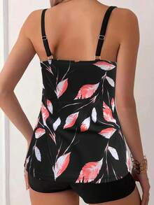 Women's Casual Scoop Neck Tankini With Ruched Bust And Leaf Print Backless Top And Shorts For Elegant Swimwear - Black - View 5