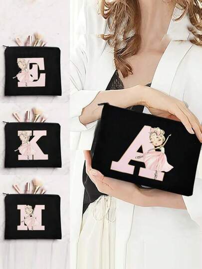 1 件便携式粉色舞女印花图案化妆包，带拉链的简易收纳袋，钱包，卡夹，铅笔盒，多用途洗漱用品（拉链方向随机），适合女孩男孩返校必备品，大学宿舍旅行