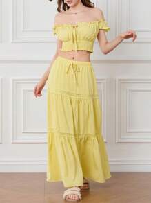 Womens Two Piece Summer Outfits Off Shoulder Frill Trim Crop Tops and Long Skirt Set Beachwear - Amarillo - Ver 3