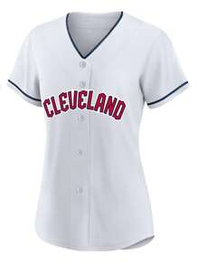 Customized Name And Number DIY Women's Embroidery Baseball Jersey Cleveland White V-Neck Personalized Short Sleeve Button Down Shirts Party Games Training Competition Sports Tops S-Xxl DIY