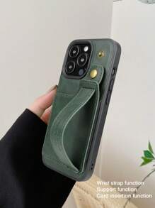 Green 1pc Fashion & Elegant PU Leather Phone Case With Card Slot, Wrist Strap, Stand Feature Compatible With Apple IPhone 16, 15, 14, 13, 12 Pro Max Plus