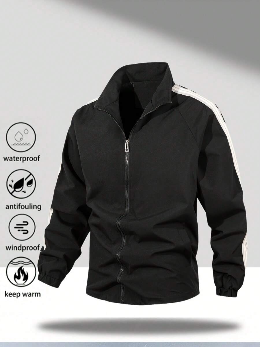 Men's Windproof Jacket, Zipper Closed Stand-Up Collar Jacket With Pockets, Suitable For Daily Leisure, Outdoor Activities