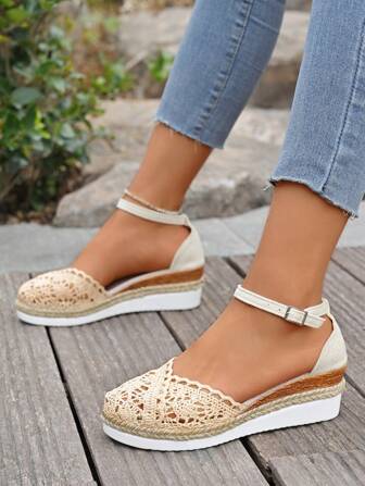 2025年春夏女士凉鞋，新款单扣亚麻鞋底渔夫鞋，斜跟，仙女款鞋头，鞋子，女士草编罗马鞋