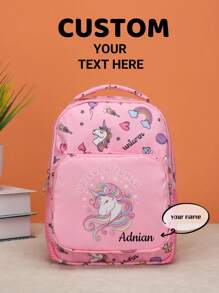 Individueller Schulanfang Einhorn Dinosaurier Mini Rucksack, personalisierter Name oder Feiertagsgruß Muster. Gestalte deinen eigenen Rucksack. Modisch lässig, vielseitig süßer Cartoon Einhorn Dinosaurier Bagger Baustellenfahrzeug Muster Rucksack. Leichter Münzbeutel, perfekt für Teenager für den täglichen Gebrauch, Ausflüge, Reisen und Einkaufen. Druckmusterposition zufällig - Text 2 - Übersicht 1