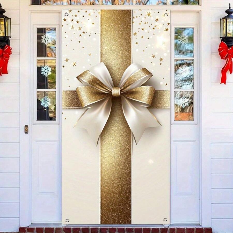 Cortina para el umbral en 2D, 1 pieza de cortina de puerta multipropósito de poliéster con diseño de lazo dorado y caja de regalo, decoración de pared para días festivos, sin electricidad requerida, apropiada para el Día de San Valentín, Acción de Gracias, Año Nuevo y eventos de celebración en general, uso en interiores/exteriores, marco de puerta, cortina de puerta, póster de puerta - Multicolor - Ver 1