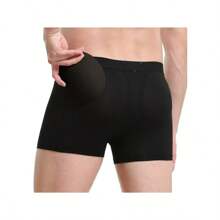 1 Men's Hip Lift With Removable Sponge-Filled Underwear, Enhanced Hip Filler, Sweat Absorption, Solid Color, Nylon, Non-Stretch Fabric, Shorts - Black - View 3