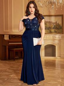 Plus Deep V-Neck Sequin Lace Contrast Ruched Draped Front Mermaid Hem Evening Party Formal Dress, Valentine's Day Dress, Wedding Guest Dress, For Birthday, Dinner, Prom, Festivals - Navy Blue - View 8