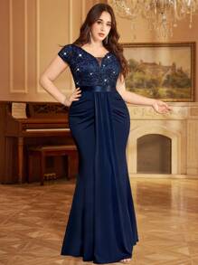 Plus Deep V-Neck Sequin Lace Contrast Ruched Draped Front Mermaid Hem Evening Party Formal Dress, Valentine's Day Dress, Wedding Guest Dress, For Birthday, Dinner, Prom, Festivals - Navy Blue - View 2