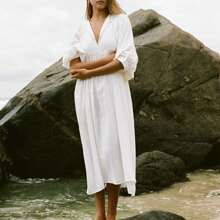 Women's Summer Loose Dress Solid Color 3/4 Sleeves Round-Neck Tie Front Long Dress - trắng - Xem 3