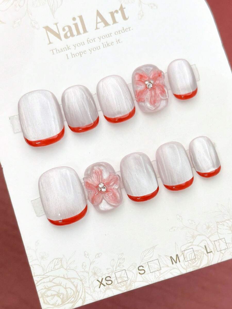 10 件/套手工亚克力按压指甲短方形指甲、婚纱新娘指甲、猫眼指甲、珍珠指甲、红色法式指甲、3D 雕刻指甲、可拆卸假指甲、指甲用品美甲，适合派对、舞蹈、日常穿着、学生派对、角色扮演，按压和可重复使用，带果冻胶和指甲锉 DIY 指甲用品 - 彩色 - 查看 1