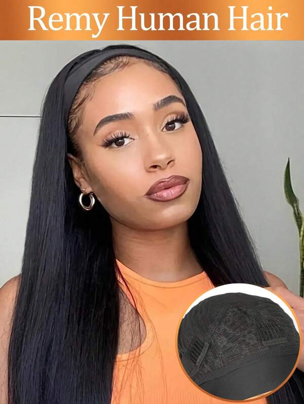 Peruca de faixa de cabeça, cabelo humano liso, cabelo brasileiro natural, peruca de cachecol feita à máquina, perucas de cabelo humano para mulheres para uso diário, densidade de 180%, cor natural