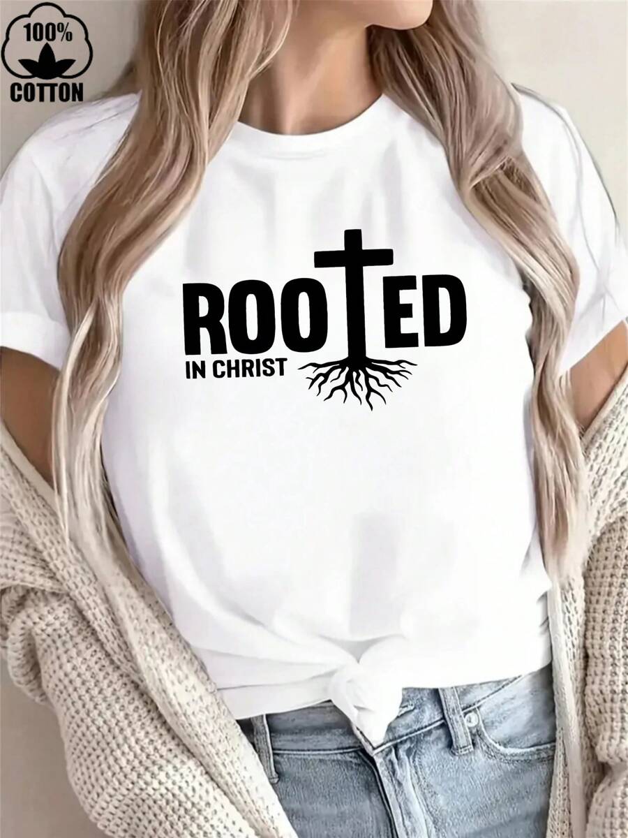 Happy Valentine'S Day Women's  Rooted In Christ  T-Shirt, Women's 220g Round Neck Casual Heavy Pure Cotton T-Shirt (1 PC)