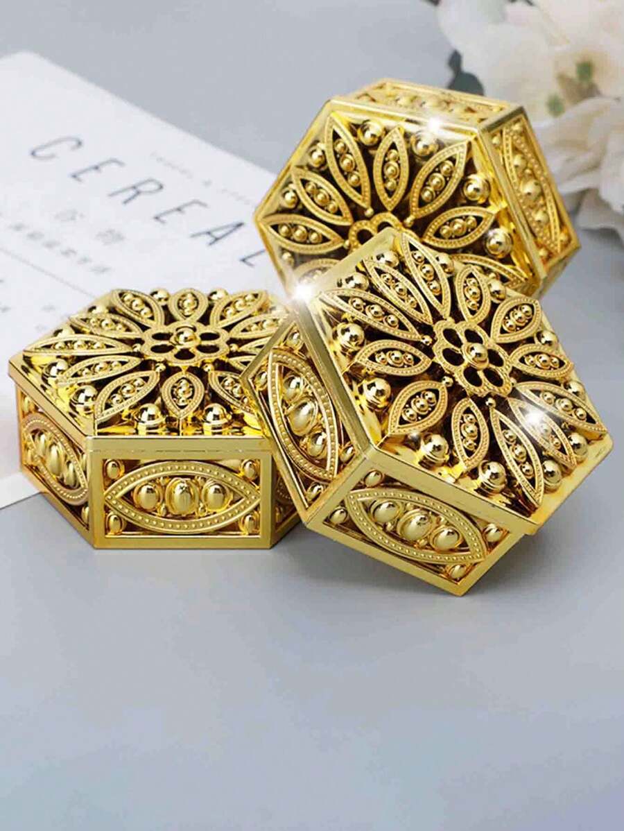 1pc Unisex Couple Hollow Hexagon Plated Cosmetics Organizer Box, Jewelry & Accessories Storage Case, Portable Dust-Proof Organizer Box For Outdoor Travel, Home, Office, School, Daily Use Back To School - Multicolor - View 1