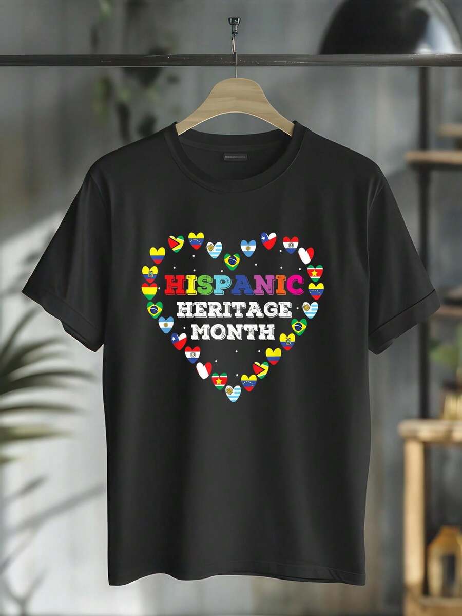 Love Flags Heart National Hispanic Heritage Month Hispanic T-Shirt Round Neck Short Sleeve T-Shirt Women's Men's Graphic Tee