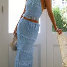 Women Summer Outfit Shirred Tie-Up Halter Neck Sleeveless Open Black Tank Tops Drawstring Long Skirt 2 Pcs Set - 藍色 - 查看 2