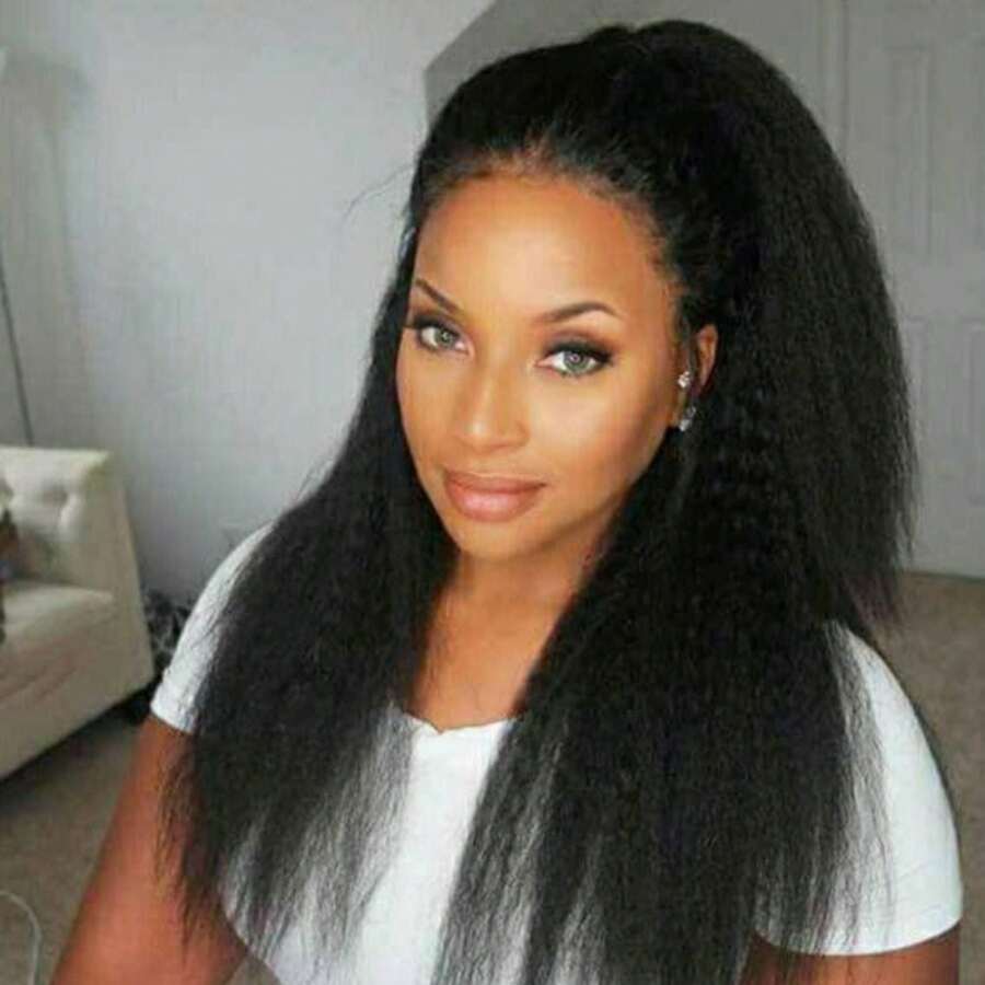 Natural Black Kinky Straight Lace Front Wig For Women 250 Density Pre-Plucked Transparent 13x4 HD Lace Closure Wig With Natural Hairline Human Hair For Valentine's Day Use