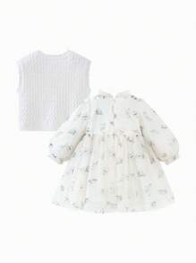 mini bala Girls' Sweet Mesh Dress Set, Soft Baby Outfit With Knit Vest, Spring Two-Piece Set - White - View 5