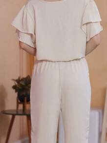 Camisa feminina de duas mangas com babados e calça cropped - Bege - Visão 2