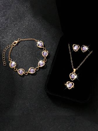 4件套時尚女孩水晶心形項鍊、耳環、戒指和手鍊套裝