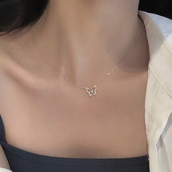 1pc S925 Sterling Silver Hollow Butterfly Cubic Zirconia Pendant Necklace, Women Daily Wear Jewelry, Travel/Anniversary Couple Gift