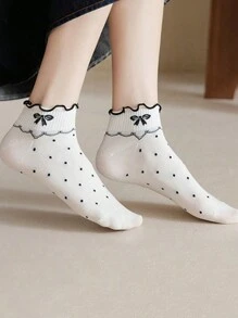 6 Pairs Women Autumn/Winter New Lace Trim Short Socks, Princess Style Low-Cut Socks, Stripes, Cherry, Solid Colors, Ruffle Edge Short Socks