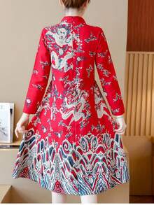 Women All-Over Pattern Detail Long Sleeve Elegant Cheongsam - Red - View 4