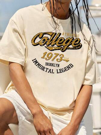 Shwiy Casual vintage Brooklyn grafisk kortärmad t-shirt för män, minimalistiskt atletisk tryck, aprikosfärg, lämplig för dagligt bruk och present