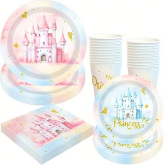 Princess Castle Birthday Party Supplies Plates And Napkins Set For 10 Guests Watercolor Pastel Rainbow Birthday Party Decorations Fairytale Party Tableware Plate,Paper Cup, Napkins